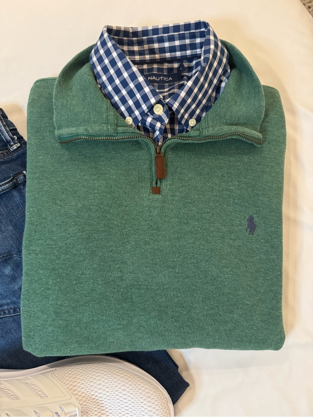 Ralph Lauren Green Quarter-Zip Knit Pullover with Navy Pony